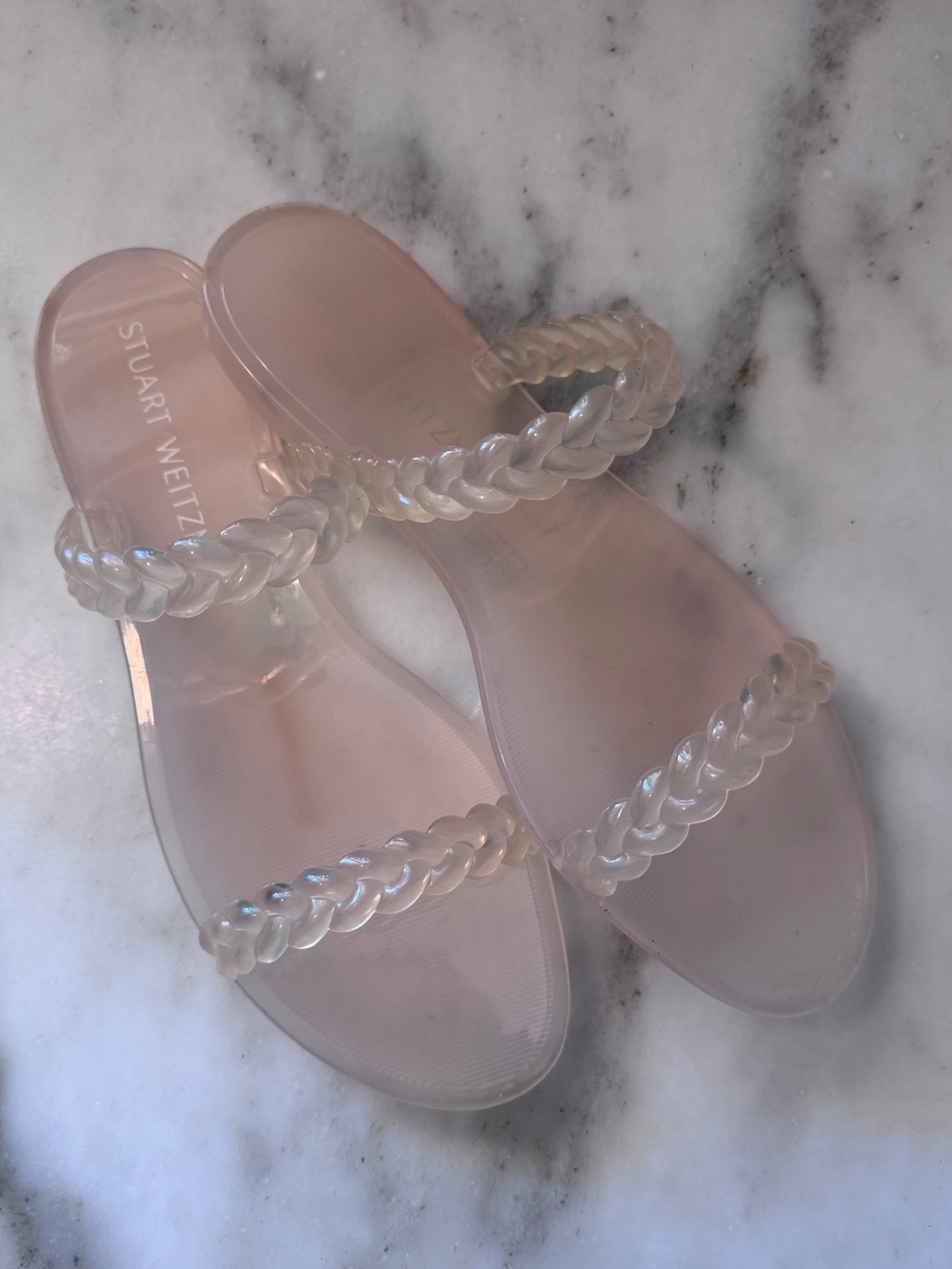 Stuart Weitzman Nude Blush Translucent Clear Braided Slide Sandals - Pink
